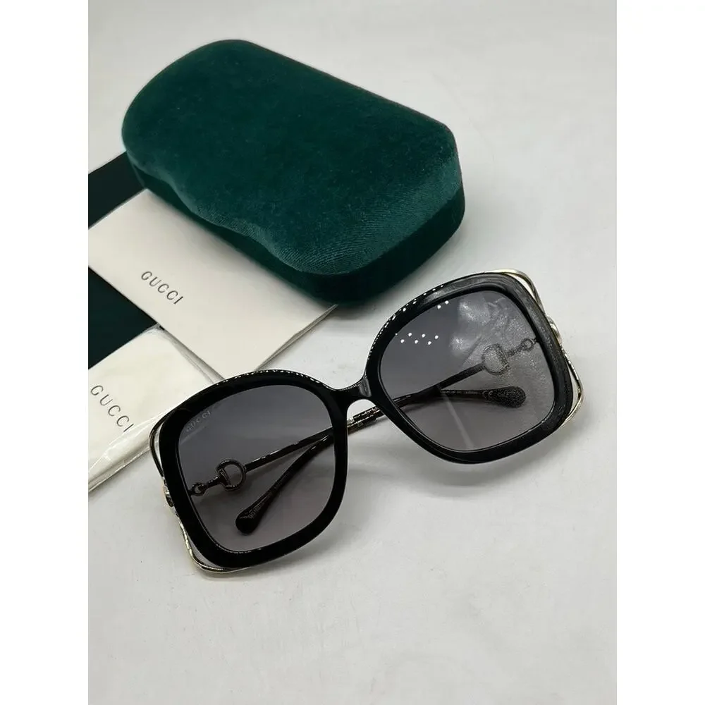 NEW Gucci GG1021S Black Oversized Metal Horsebit Sunglasses
